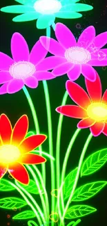 Neon flowers with vibrant colors on a black background.