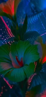 Neon-lit tropical flower in vibrant colors.