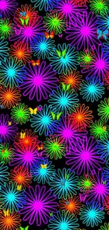 Vibrant neon flower pattern on a black background.