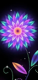 Vibrant neon flower with purple and teal hues on a dark background.