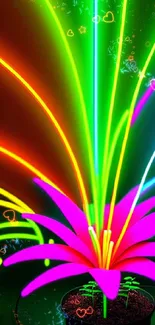 Vibrant neon flower with colorful trails on dark background.