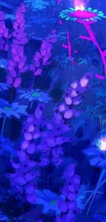 Vibrant neon floral design with glowing plants in blues and purples