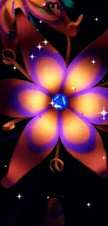 Vibrant neon flower with glowing petals and blue center.