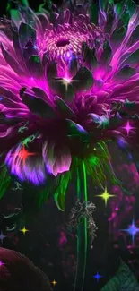 Vibrant neon purple and green flower wallpaper.