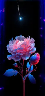 A neon flower glows vibrantly on a dark mobile wallpaper.