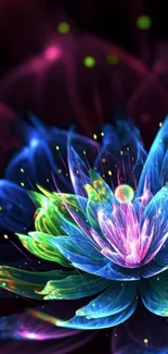 Colorful neon flower wallpaper with dark background.