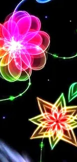 Colorful neon flowers glowing on a black background wallpaper.