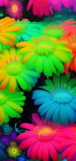 Colorful neon flowers with vibrant petals.