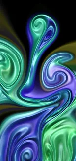 Abstract swirl design in green, blue, and purple on a black background.