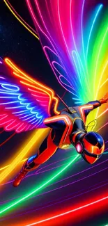 Vibrant neon figure flying with colorful wings against a dark backdrop.