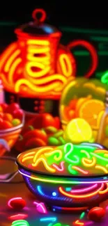 Vibrant neon food wallpaper with colorful bowls and glowing fruits.