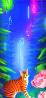 Neon forest with an orange cat and pink flowers in vibrant colors.