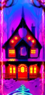 Vibrant neon house in a mystical forest setting, perfect for a mobile wallpaper.