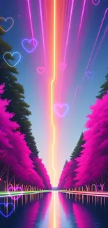 Neon forest scene with glowing pink trees and streaked sky.