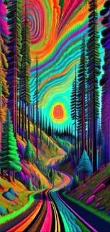 Psychedelic neon forest wallpaper with vibrant colors and towering trees.