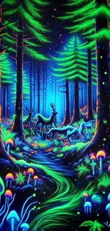 Vibrant neon forest wallpaper with glowing plants and animals.