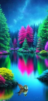 Colorful neon forest reflected on a serene lake.