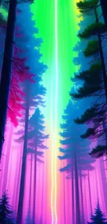 Neon forest wallpaper with vibrant colors and towering trees.