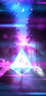 Neon forest wallpaper with vibrant pink and blue hues and a glowing triangle.