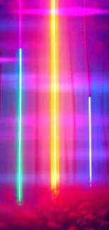 Vibrant neon forest with glowing light beams in an abstract art style.