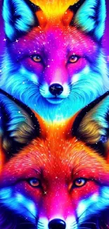 Vivid neon foxes with glowing colors on mobile wallpaper.