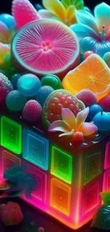 Colorful neon fruit cube with glowing elements