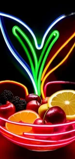 Vibrant neon fruit display with glowing cherries and lemons.