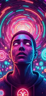 Futuristic neon art with vibrant colors and cosmic elements.