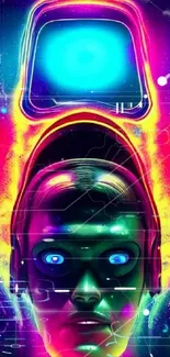 Futuristic neon art with glowing humanoid face and visor.