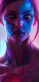 Futuristic digital art of a neon-lit face on stylish wallpaper.