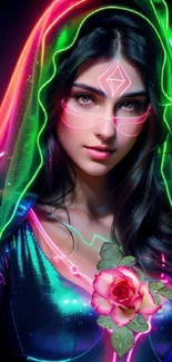 Neon futuristic portrait with glowing lines and vibrant colors.