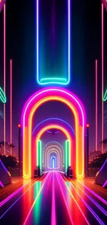 Futuristic neon tunnel with vibrant lighting in a digital art style.