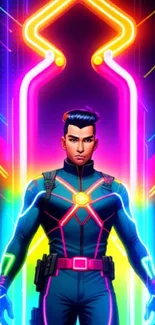 Futuristic character in neon lights with vibrant, colorful background.