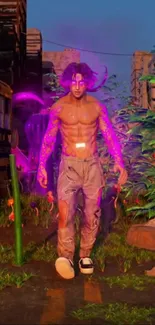 Futuristic character with glowing tattoos in a neon urban landscape.