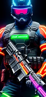 Futuristic warrior in neon colors, carrying advanced weaponry.