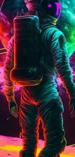 Neon astronaut standing on a vibrant cosmic landscape.