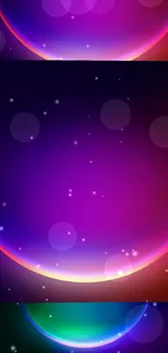 Vibrant neon galaxy wallpaper with glowing spheres and purple hues.