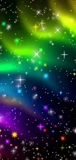 Colorful neon galaxy wallpaper with twinkling stars.