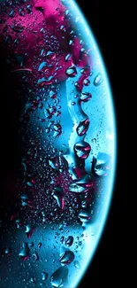 Neon galaxy wallpaper with water droplets, featuring blue and pink hues.