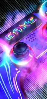 Vibrant neon gaming controller wallpaper with colorful lights.