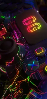 Colorful neon game controller with vibrant tech design.