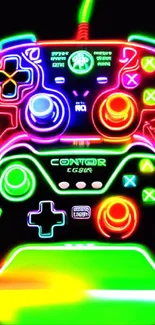 Neon game controllers glowing brightly against a black background.