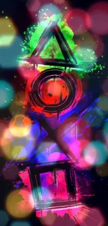 Neon gaming art with green, red, blue symbols on black background.