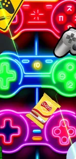 Neon gaming controllers and snacks, vibrant colors.