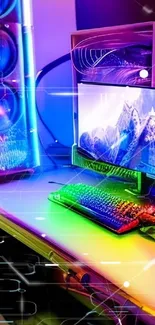 Vibrant neon gaming setup with RGB lighting and modern technology.