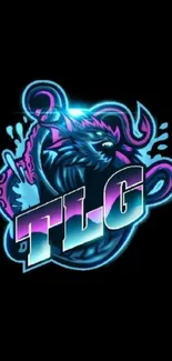 Neon gaming wallpaper featuring bold TLG letters on a black background.