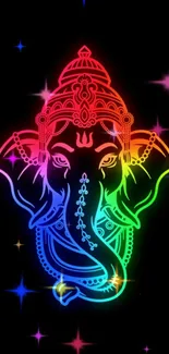 Vibrant neon Ganesha art on a black background with colorful star accents.