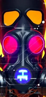 Neon gas mask artwork with striking orange background.