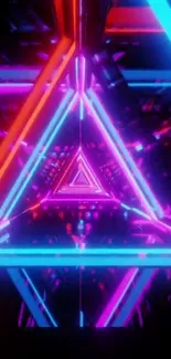 Vibrant neon geometric wallpaper with glowing triangles in pink, blue, and orange hues.