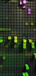 Dark geometric wallpaper with neon green cubes on a grid.